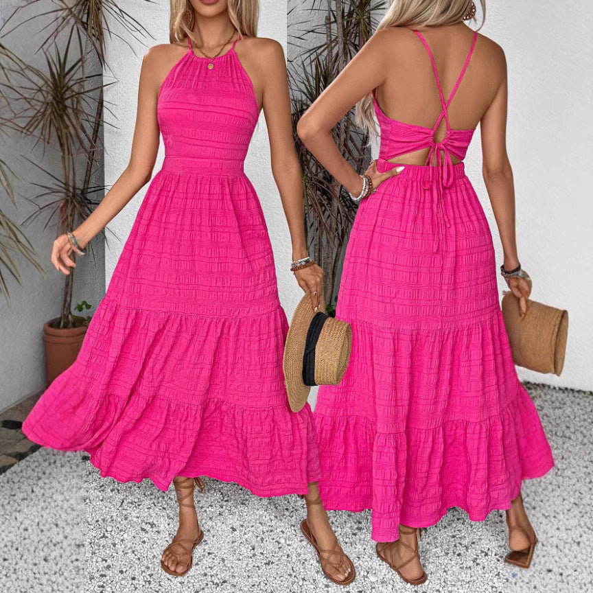 Women's Pure Color Halter Backless Dress