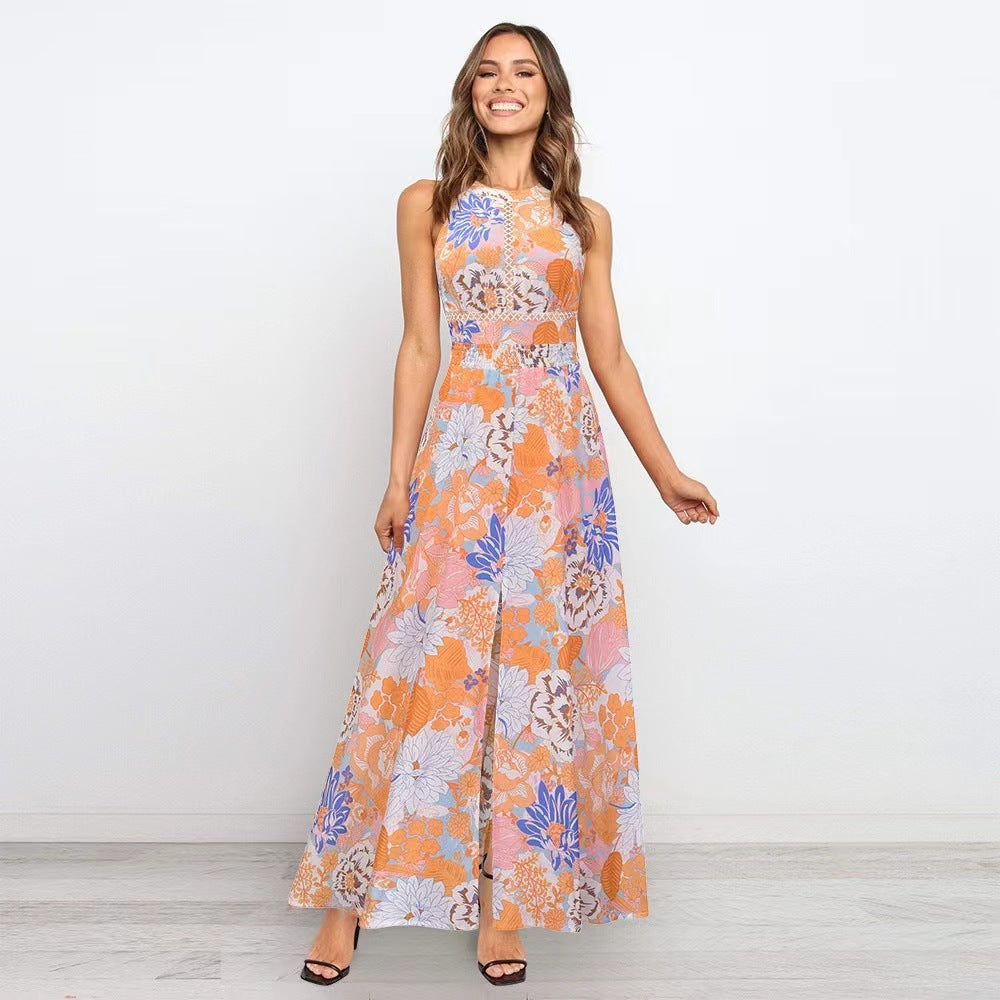 Summer Printed Round Neck Sleeveless Dress Halter Long