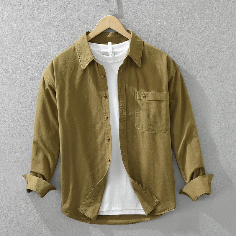 Duplicate image of khaki Japanese Style Simple Long Sleeve Shirt Men's New Fashion Casual, featuring soft cotton texture and casual cut.