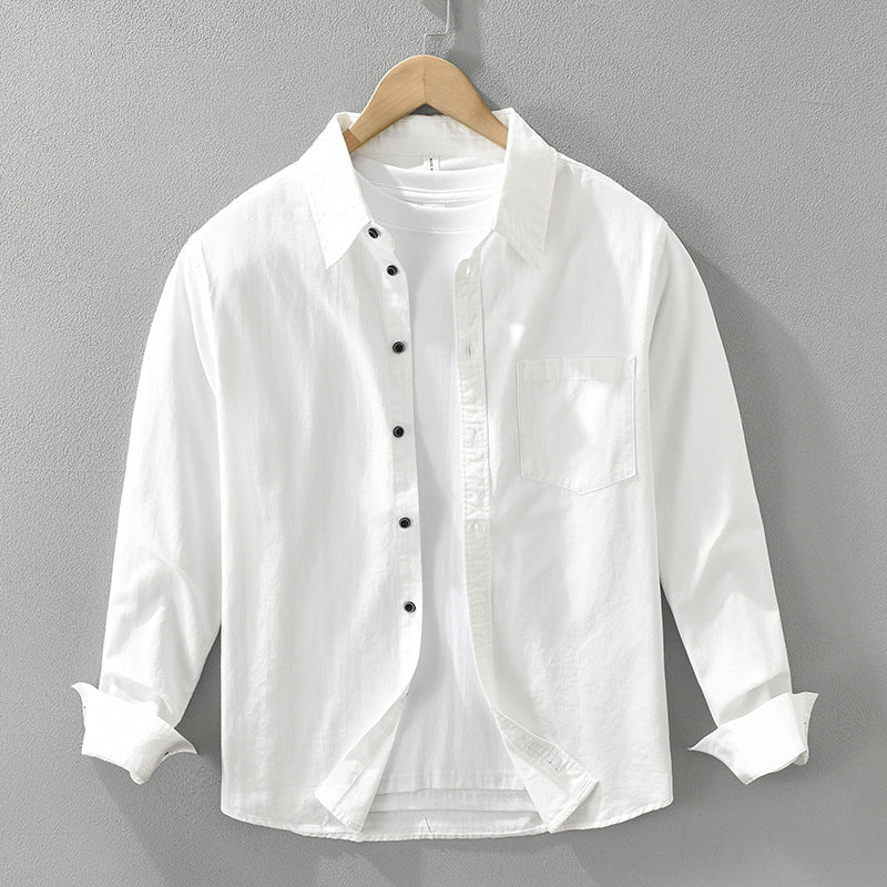 A long sleeve men's shirt in white color, displayed on a wooden hanger with a white inner shirt visible.