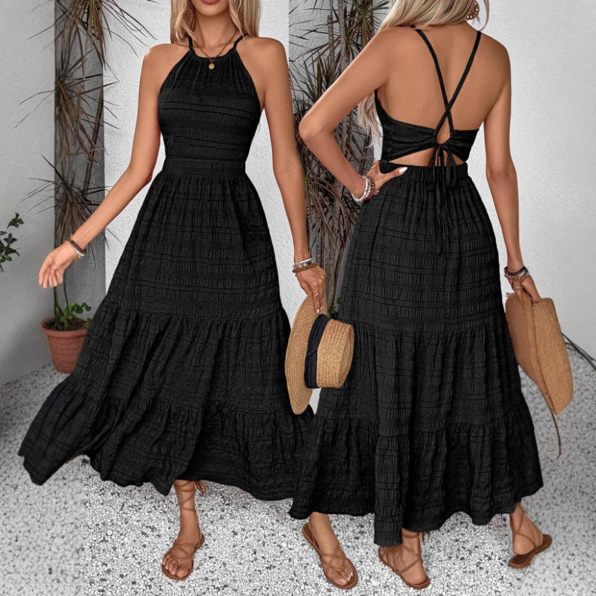 Women's Pure Color Halter Backless Dress