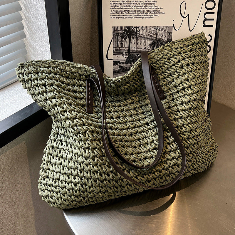 A collage of images showing a green woven shoulder bag in various angles, indicating its design and use for fashion purposes.