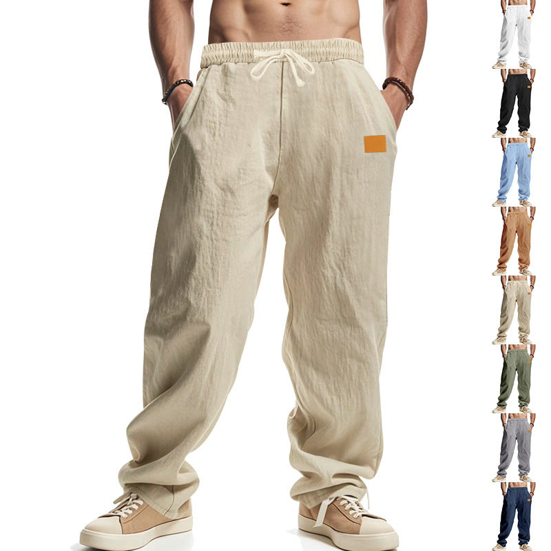 A collage of images displaying men's casual beach trousers in various solid colors including white, blue, black, gray, and green, featuring a mid-waist waist type and made from linen fabric.