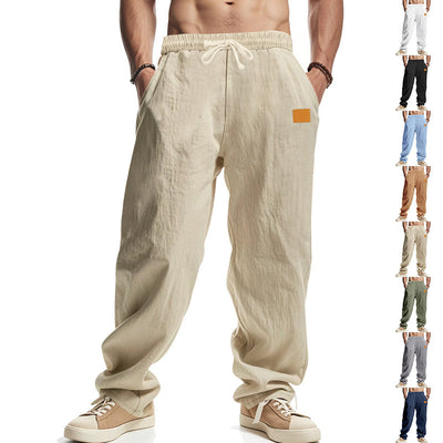 A collage of images displaying men's casual beach trousers in various solid colors including white, blue, black, gray, and green, featuring a mid-waist waist type and made from linen fabric.