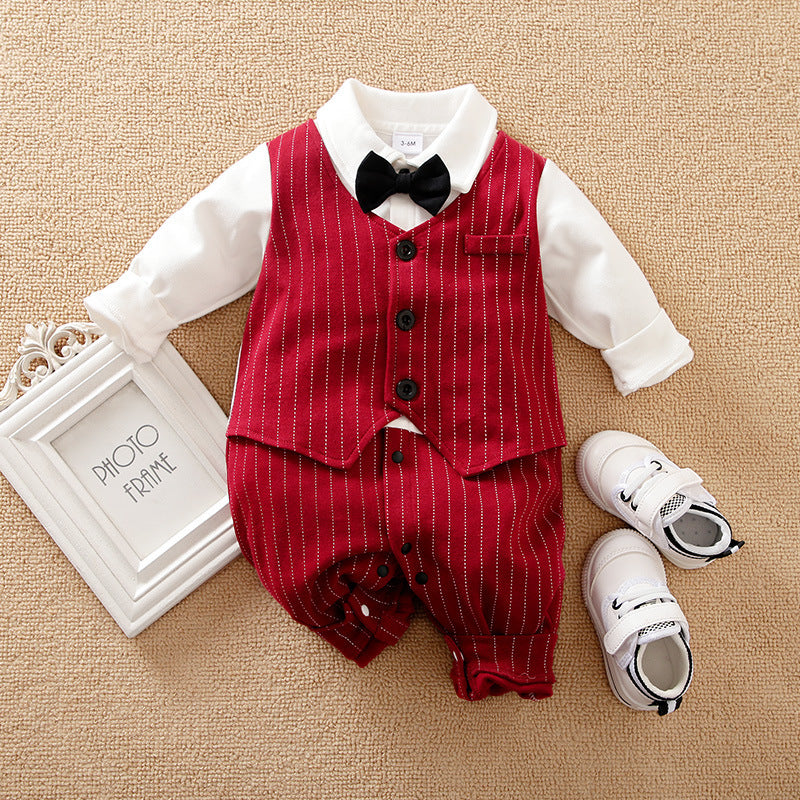 A set of baby autumn clothing featuring a wine red and white striped romper with long sleeves, a white shirt, and a bow tie. Accompanied by white baby shoes and a frame for a photo.