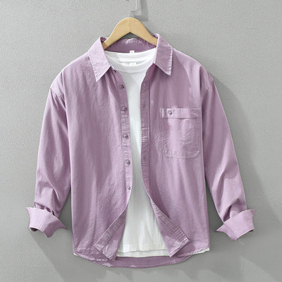 Japanese Style Simple Long Sleeve Shirt Men's New Fashion Casual in light purple with front pocket, layered over white tee, casual loose fit.