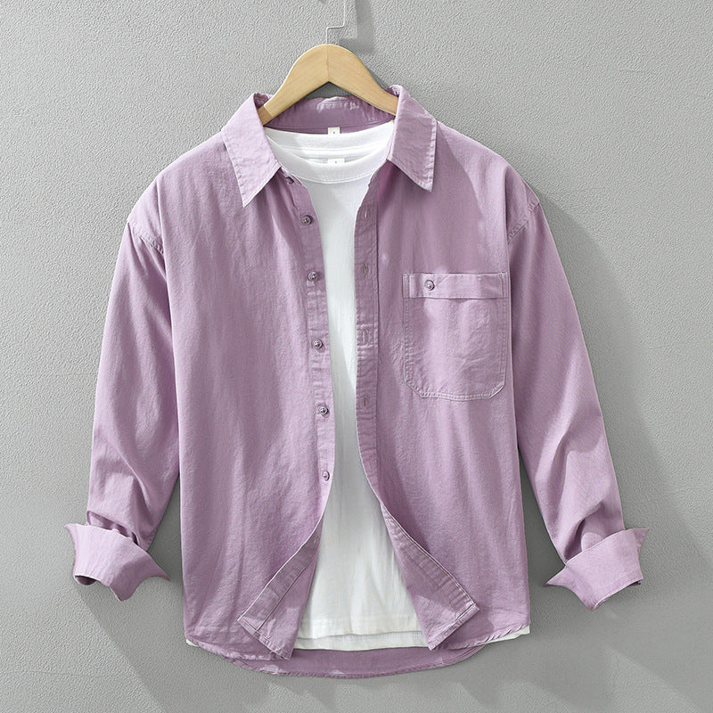 Duplicate image of light purple Japanese Style Simple Long Sleeve Shirt Men's New Fashion Casual, loose fit with front pocket detail.