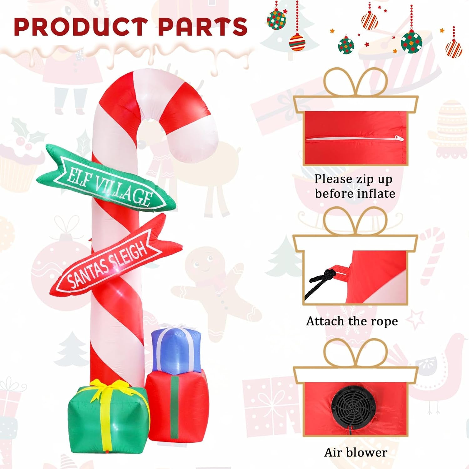 9 Ft Tall Christmas Inflatables Outdoor Decorations, Inflatables Candy Cane with Road Sign Blow up Merry Christmas Bag Yard Decoration Built-In LED Lights for Outdoor Party Holiday Decor