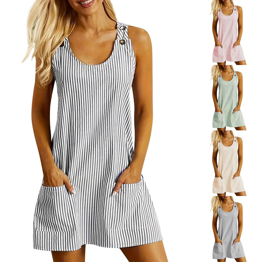 A collage of images showing a striped sleeveless mini dress with a U-neck and back button details available in multiple colors.