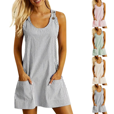 A collage of images showing a striped sleeveless mini dress with a U-neck and back button details available in multiple colors.