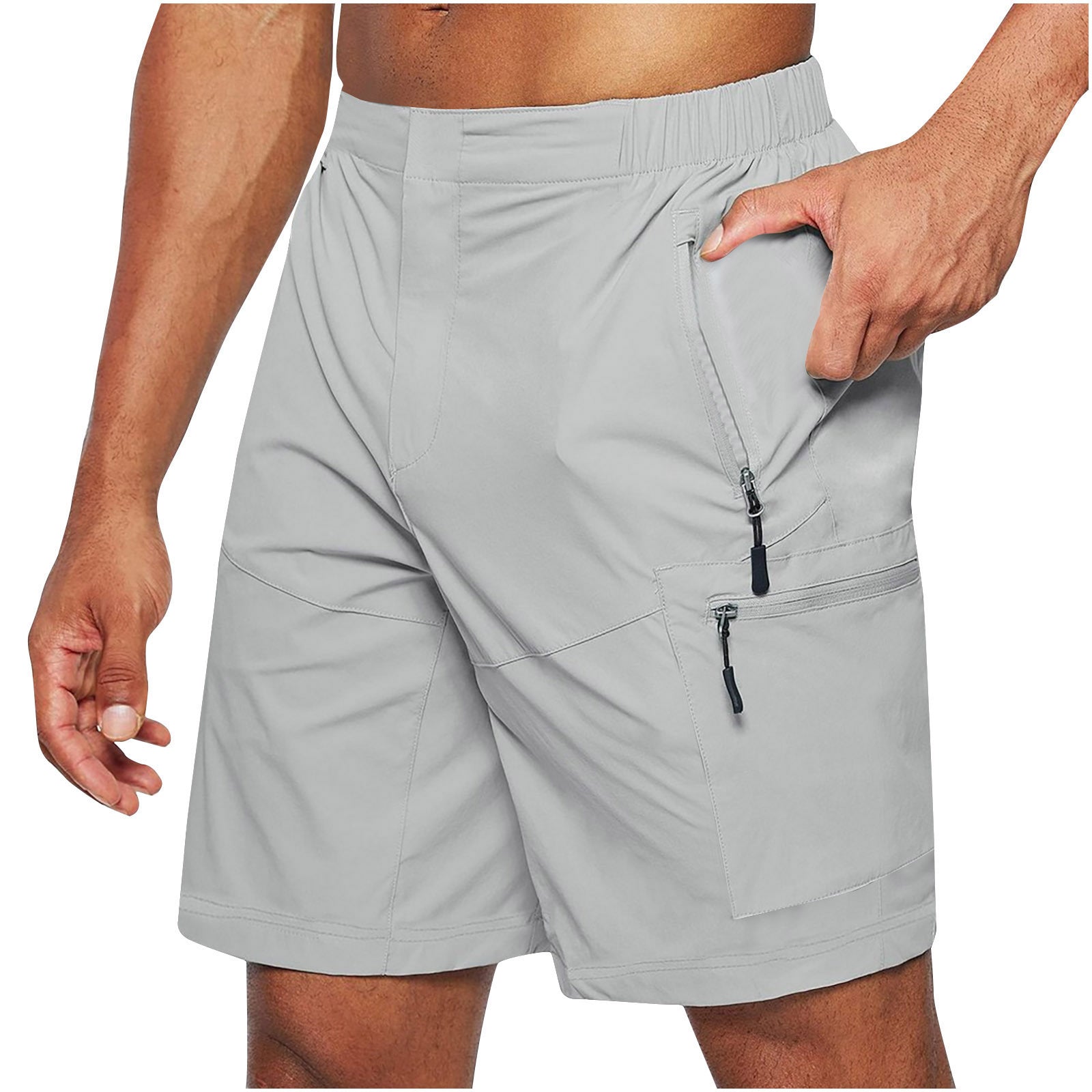 A collage of images showing men's casual elastic waist strap summer shorts in various colors including green, khaki, blue, black, and gray.
