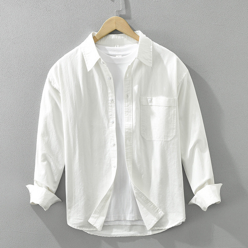 Duplicate image of white Japanese Style Simple Long Sleeve Shirt Men's New Fashion Casual, youth-friendly design with relaxed silhouette.