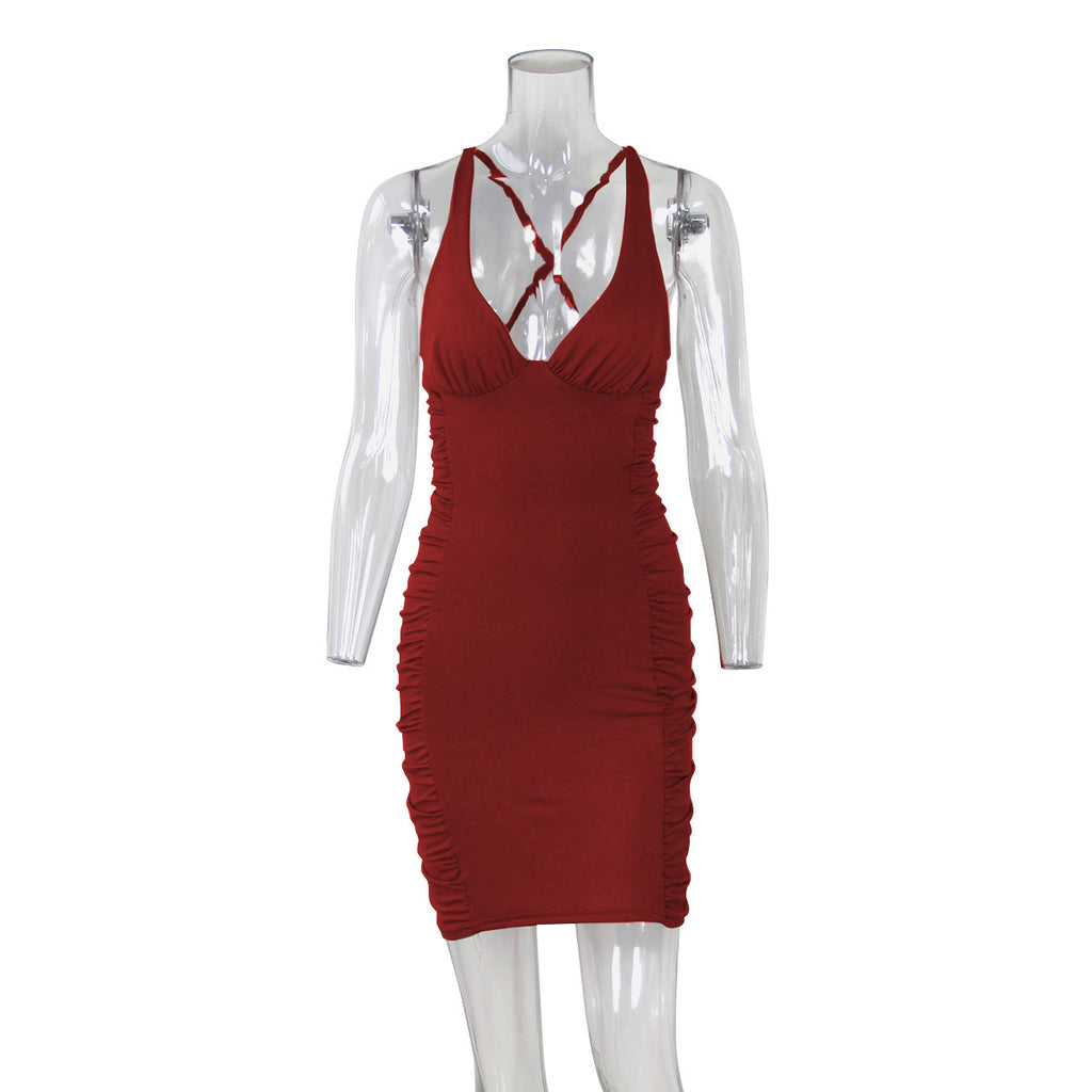 A model wearing a wine red deep V-neck backless suspender dress with a collar, showcasing the outfit from different angles.