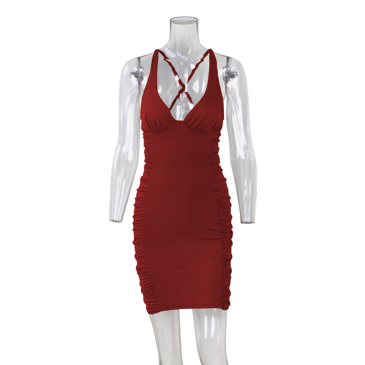 A model wearing a wine red deep V-neck backless suspender dress with a collar, showcasing the outfit from different angles.