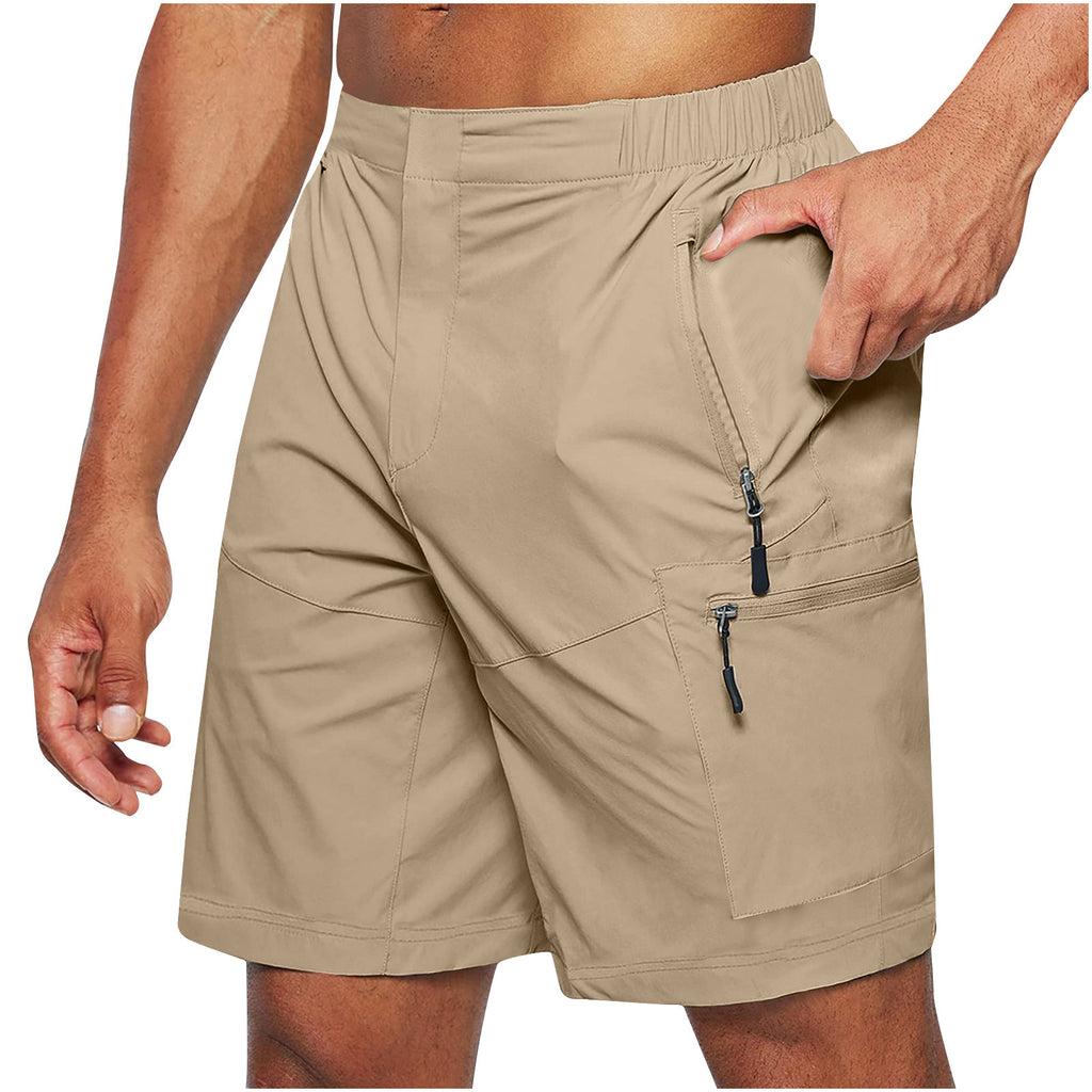 A collage of images showing men's casual elastic waist strap summer shorts in various colors including green, khaki, blue, black, and gray.