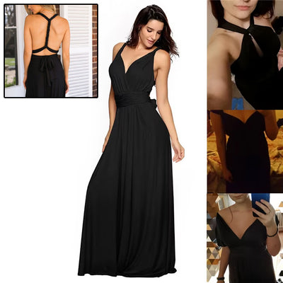A collage of images showcasing a long black party dress with a variety of views, including the dress from different angles and the backless design.