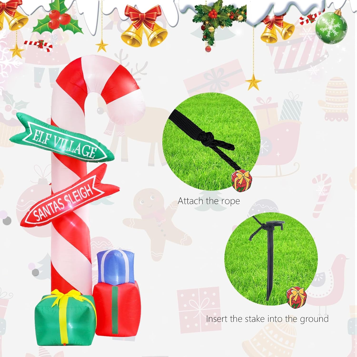 9 Ft Tall Christmas Inflatables Outdoor Decorations, Inflatables Candy Cane with Road Sign Blow up Merry Christmas Bag Yard Decoration Built-In LED Lights for Outdoor Party Holiday Decor