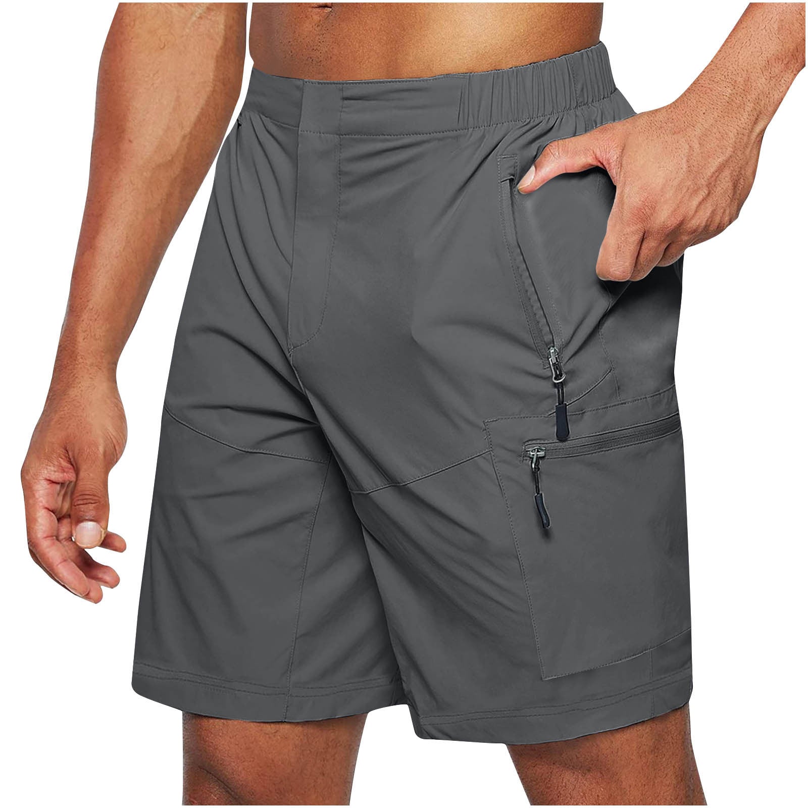 A collage of images showing men's casual elastic waist strap summer shorts in various colors including green, khaki, blue, black, and gray.