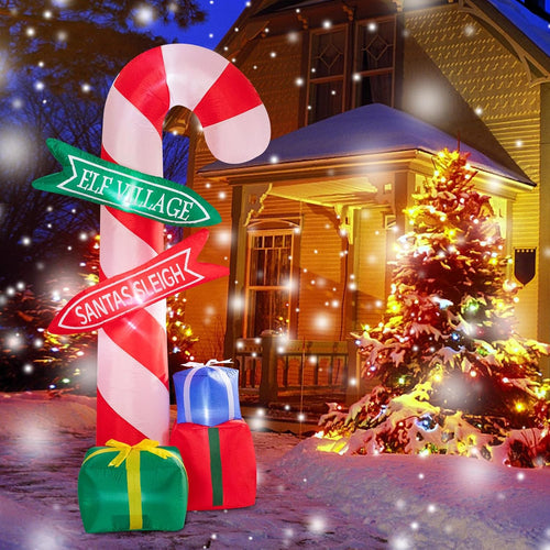 9 Ft Tall Christmas Inflatables Outdoor Decorations, Inflatables Candy Cane with Road Sign Blow up Merry Christmas Bag Yard Decoration Built-In LED Lights for Outdoor Party Holiday Decor