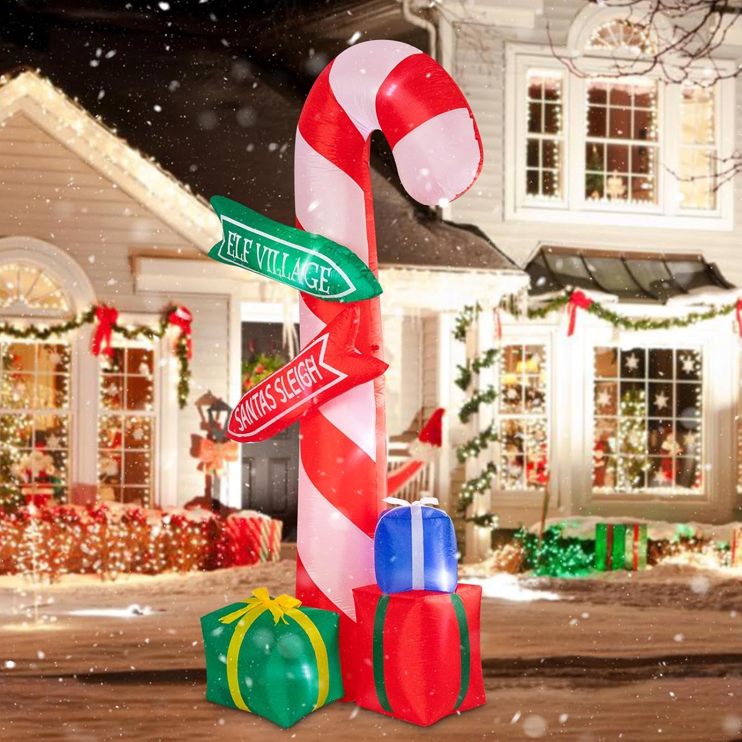 9 Ft Tall Christmas Inflatables Outdoor Decorations, Inflatables Candy Cane with Road Sign Blow up Merry Christmas Bag Yard Decoration Built-In LED Lights for Outdoor Party Holiday Decor